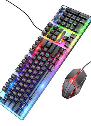 Комплект ведущий kb+mouse hoco gm18, usb, rgb подсветки, (eng/pyc), black/white, box