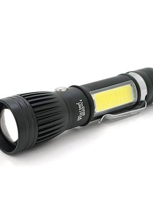 Ліхтарик ручний watton wt-028, cree t6+16smd, 3 реж., zoom, 6800mah акумулятор, зарядка microusb, ip44. 135 х 30 х 20. box