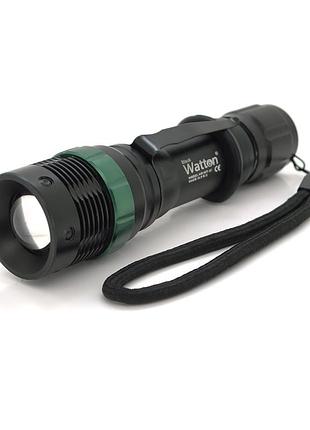 Фонарь ручной watton wt-037, 1led cree q5, 3w, 3 режима, zoom, 18650/2800mah (переходник 3*aaa), black, ip44, сзу, 132х34х28мм,