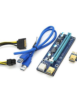 Riser pci-ex, x1 => x16, 6-pin, sata => 6pin, usb 3.0 am-am 0,6 м (синій), конденсатори 270, пакет