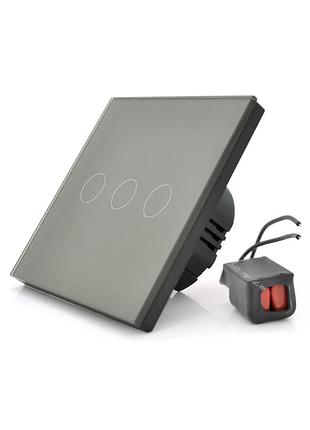 Сенсорний вимикач без заземлення + wifi керування, триканальний, gray, 86х86х35мм