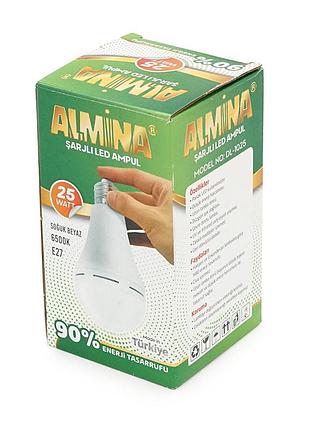 Лампочка з акумуляторами almina dl-1025, 220-240v, до 2 годин роботи, 4 години зарядки, 25w(250w), e27, 2700лм, 6500k, box