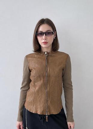 Шкіряна куртка жіноча gimo's italy luxury womens m brown leather knit mixed media full zip jacket gms-75