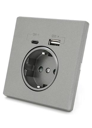 Розетка врезная с заземлением, input: ac:110-250v/16a, type-c/usb выходы, gray