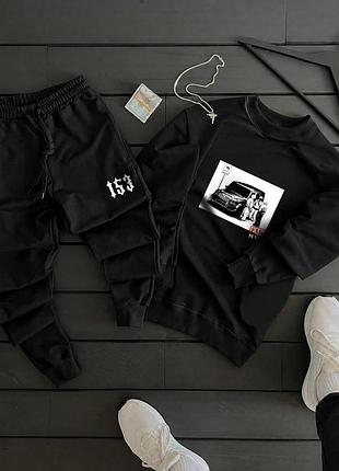 Мужской спортивный костюм черный трикотаж двунить хлопок комплект кофта свитшот и брюки без флиса всесезонный с карманами l