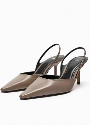 Слінгбеки туфлі босоніжки на підборах zara сіро-бежеві 38 розмір, натуральна шкіра