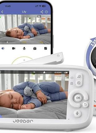 Відеоняня jeeber vb805pro 2k wi-fi з 5 дюймовим екраном, датчики руху, плачу, темп., нічне бачення, двостороння розмова, колискові