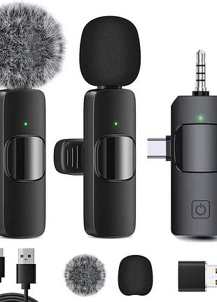 Двойной беспроводной петличный микрофон для смартфона k10 type-c iphone lightning 3.5 с разными насадками