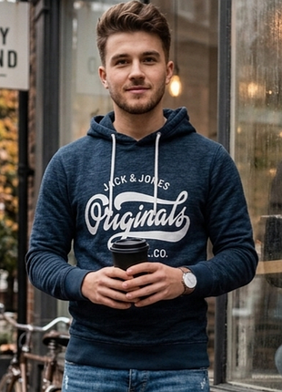 Фірмова толстовка темно-синього кольору на флісі jack &amp; jones originals made in turkey