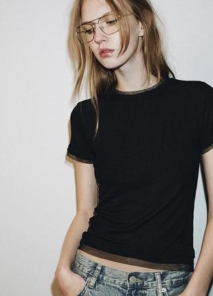 Футболка zara з тюлевою окантовкою, чорна футболка зара, облягаюча футболка, футболка розмір с