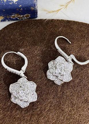 Сережки підвіски квітки камелія срібні з камінцями