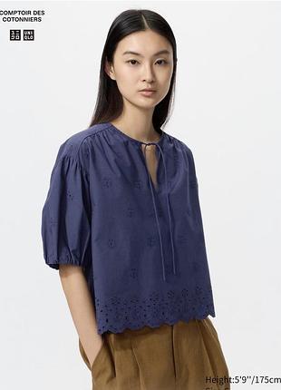 Вишита блуза uniqlo з бавовни у синьому кольорі, хс