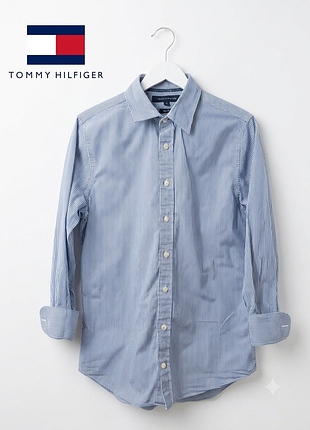 Брендовая хлопковая рубашка Tommy hilfiger в тонкую полоску, размер s (slim fit)