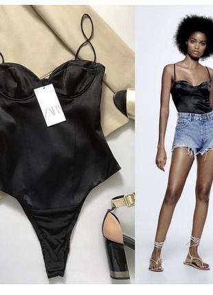 Ефектний сатиновий боді-корсет від zara у класичному чорному кольорі. розмір м