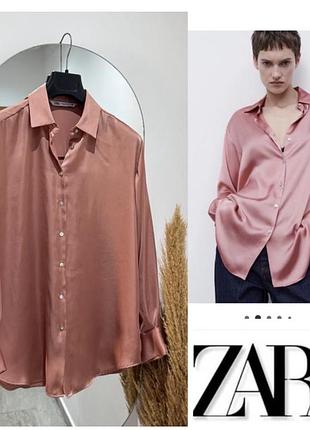Елегантна атласна сорочка від zara у ніжному рожево-персиковому розмір м