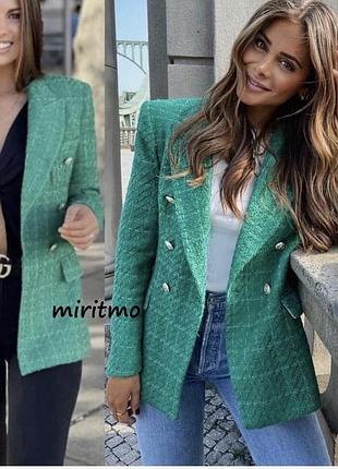Ефектний твідовий двобортний блейзер від zara у розкішному смарагдово-зеленому відтінку розмір м