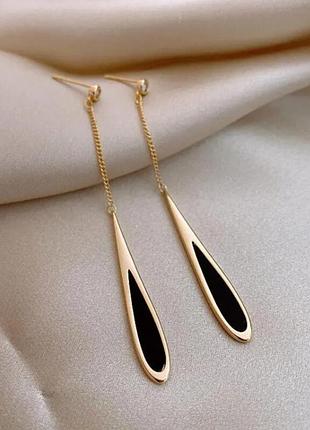 Сережки жіночі довгі з чорними краплями fashion jewelry золотисті