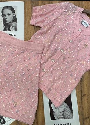 Костюм chanel ніжно рожевий спідниця та кофта трикотаж