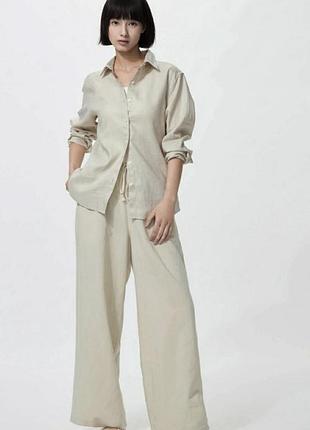 Легкі штани uniqlo linen blend easy trousers у кольорі natural з еластичним поясом /15208/