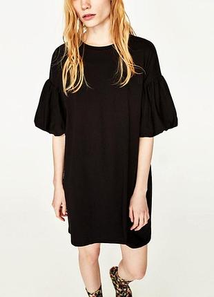 Сукня-футболка zara р. м бавовна вільна пряма з широкими рукавами буфами чорна