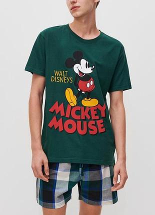 Піжама, домашній костюм reserved, чоловіча, жіноча, s-m, з mickey mouse, зелена футболка з міккі маус та шортами в клітинку, бавовна