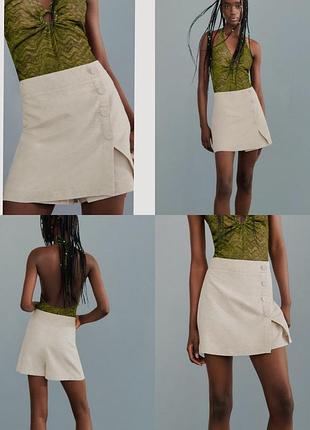 Льняные бежевые шорты юбка zara лён