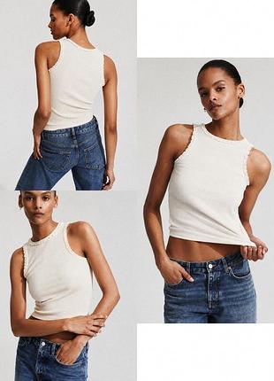 Топ в рубчик h&m с кружевом • майка молочного цвета