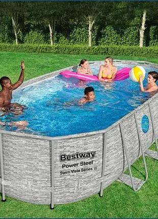 Каркасный бассейн bestway овальный 549 х 274 х 122 см с окнами + тент + фильтр-насос с картриджем + лестница