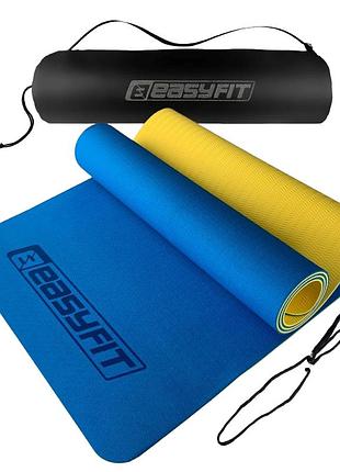 Коврик для йоги и фитнеса easyfit ef-1924s-bey, антискользящий, синий, 183×61×0,6 см, tpe, + чехол