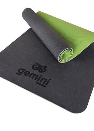 Коврик для йоги и фитнеса gemini tpe+tc, 183×61×0,6 см, противоскользящий, зеленый, ge-60014