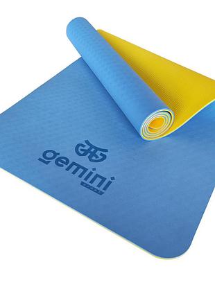 Коврик для йоги и фитнеса gemini tpe+tc, 183×61×0,6 см, противоскользящий, голубой, ge-60019