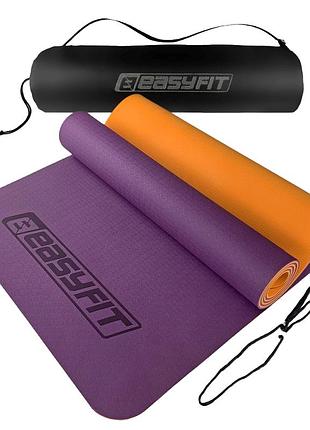 Коврик для йоги и фитнеса easyfit ef-1924s-vo, антискользящий, фиолетовый, 183×61×0,6 см, tpe, + чехол