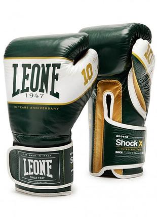 Боксерські рукавиці leone shock x, зелені, шкіряні, 14 унцій (397г.) для спортсменів 80-90 кг. (500213)