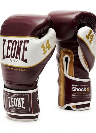 Боксерські рукавиці leone shock x, бордові, шкіряні, 14 унцій (397г.) для спортсменів 80-90 кг. (500214)