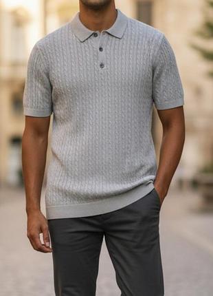 Поло мужское massimo dutti тенниска мужская хлопковая. серая трикотажная рубашка с коротким рукавом. вязаная косичкой футболка