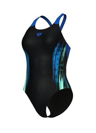 Купальник закритий для жінок arena breath swimsuit v back lb (upf 50+) чорно-блакитний 44 (008330-580-44)