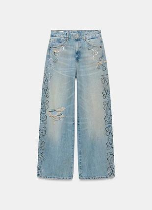 Джинсы trf wide-leg с потертостями и заклепками