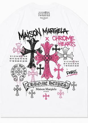 Футболки chrome hearts x maison margiela paris logo унісекс колаборація хром хартс і мейсон марджели білі новинка