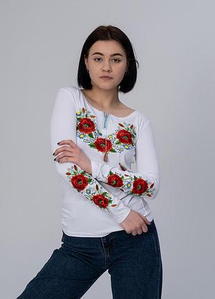 Женская вышитая футболка с длинным рукавом «маковий цвіт» s