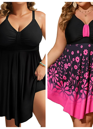Суцільний купальник-сукня hanna nikole plus size, р. 56 (20w) — чорний, р. 58 (22w) — чорний із рожевим, утяжка живота