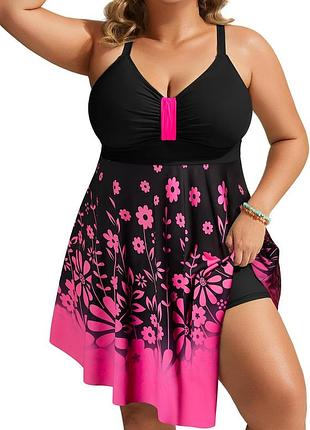 Суцільний купальник-сукня hanna nikole plus size, р. 56 (20w) — чорний, р. 58 (22w) — чорний із рожевим, утяжка живота