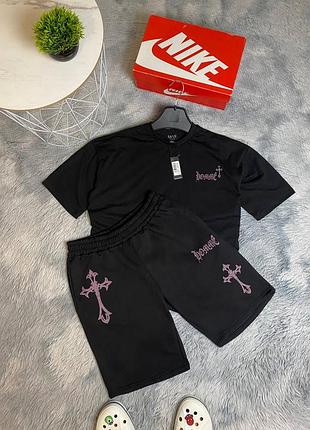Мужской комплект черный костюм футболка шорты chrome hearts винтаж rap y2k s m l с м л