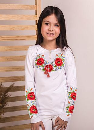 Вышитая футболка для девочки с длинным рукавом с маками на груди «маковый цвет» 92