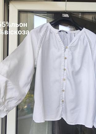 Льняная с вискозой белая блузка marks &amp; spencer в стиле бохо с объемными рукавами