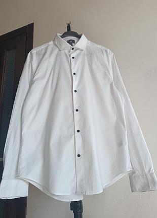 Белая хлопковая рубашка премиум slim fit, h&amp;m, l