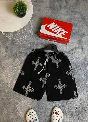 Мужские шорты черного цвета с принтами chrome hearts винтаж rap y2k футболка кофта зепкая брюки джинсы оверсайз рваные с принтами дирками