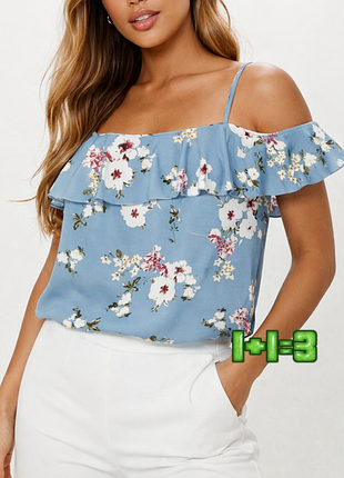 💝1+1=3 красивая голубая блуза в цветочный принт shein, размер 56 - 58