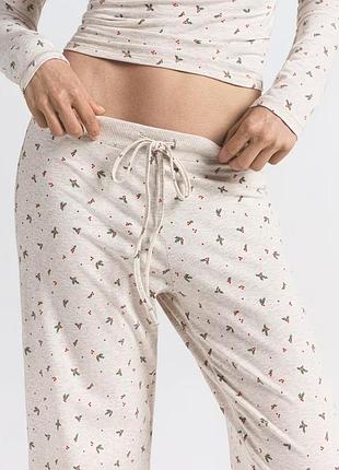 Cotton jersey long & pants oatmeal heather holly print