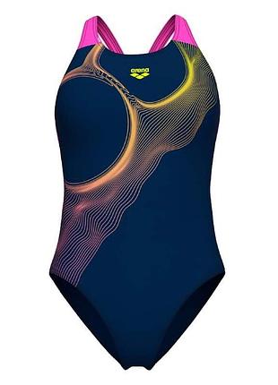Женский слитный купальник arena ripples swimsuit v back b (upf 50+) 46 темно-синий,желтый,розовый (009021-780-46)