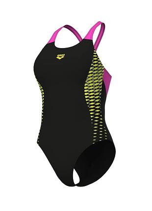 Жіночий закритий купальник arena openings swimsuit v back lb uv 50+ чорний,жовтий,рожевий 40 (008063-590-40)